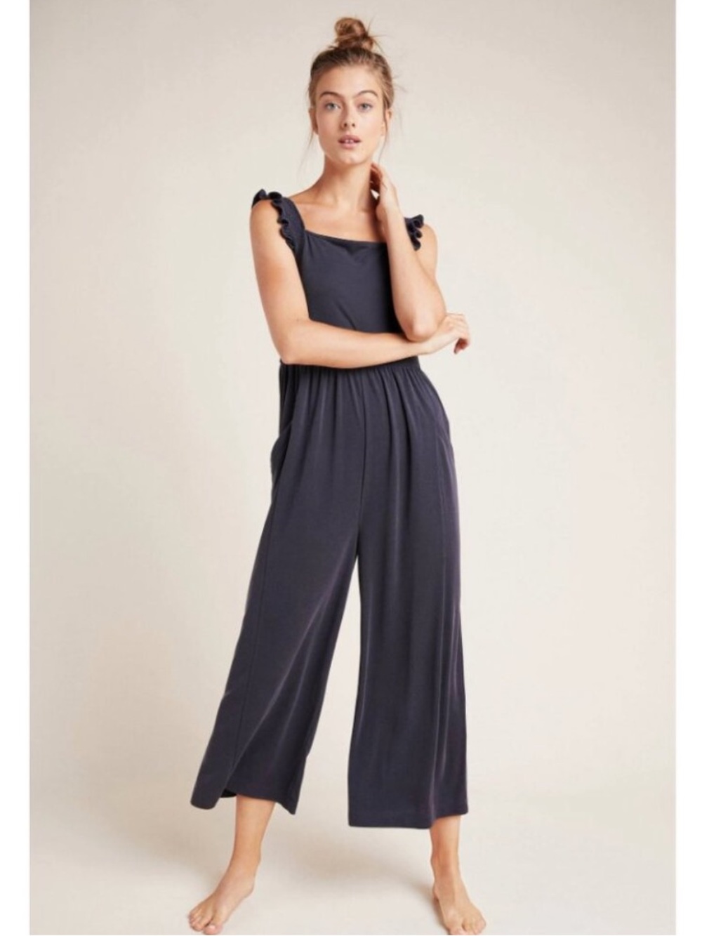 Anthropologie Navy Blue Ruffle Strap Wide-Leg Jumpsuit
